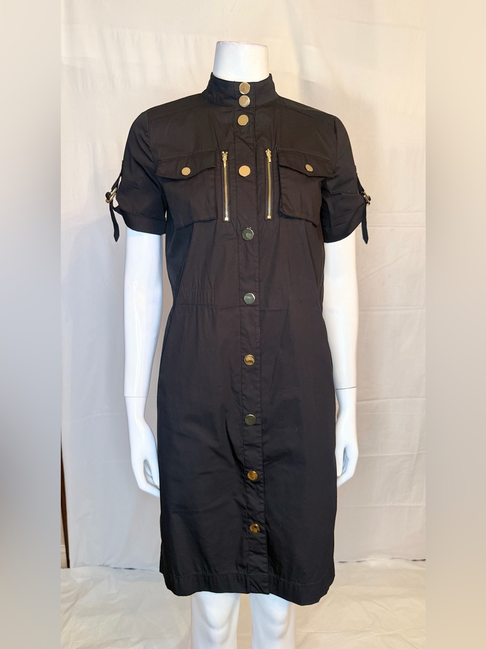 Tory Burch Black Short-Sleeve Utility Midi Dress with Gold Hardware